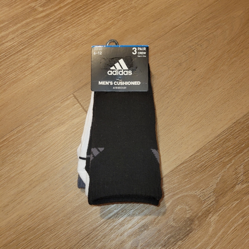 3 Pair Adidas Cushioned Crew Socks Men's Shoe Size 6-12 Black Gray New